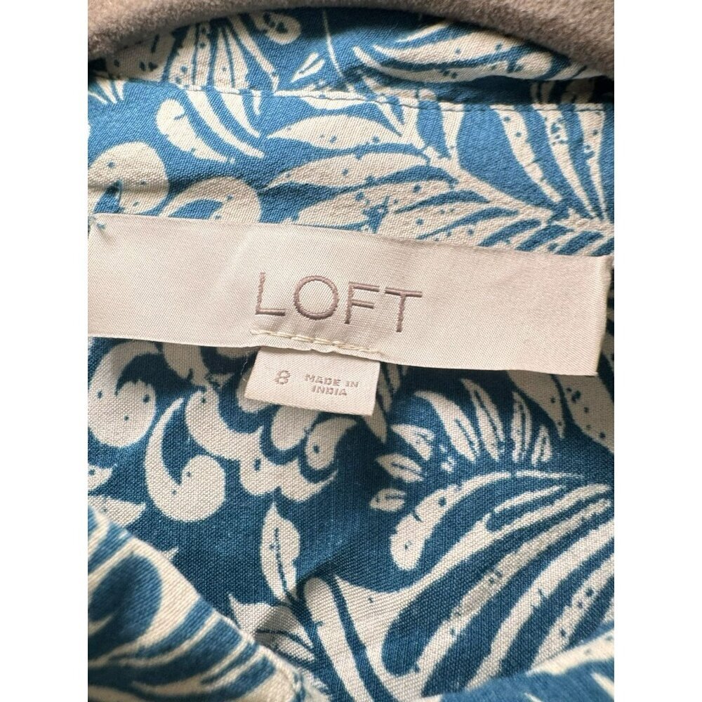 LOFT Printed Shirt Dress Belted Teal Pink Floral Boho Short Sleeve Size 8 - Picture 9 of 13